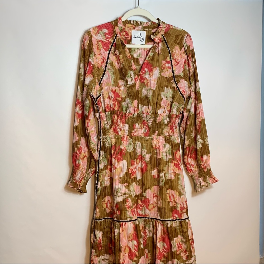 Sam Edelman Pink & Green Midi Dress • Long Sleeve, Elastic Waist, & Black Trim